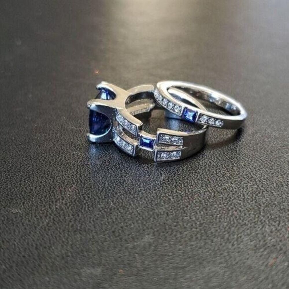 Silver tone blue double ring set - Picture 4 of 9